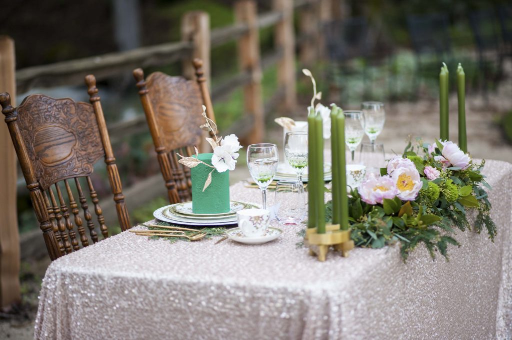Sweetheart Wedding Table in the woods close up by Jen Vazquez Photography