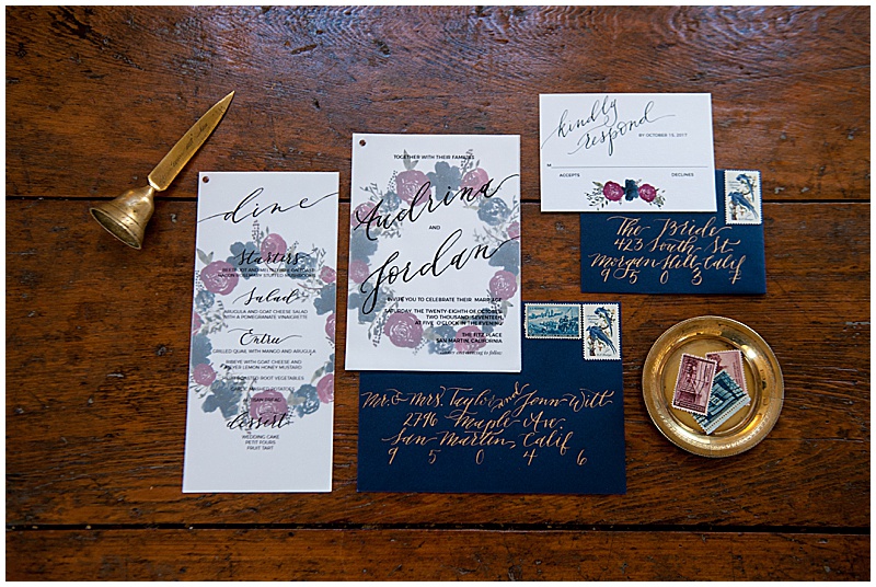 wedding invitation suite in blue and burgundy for a winery glam feel by Jen Vazquez Photography