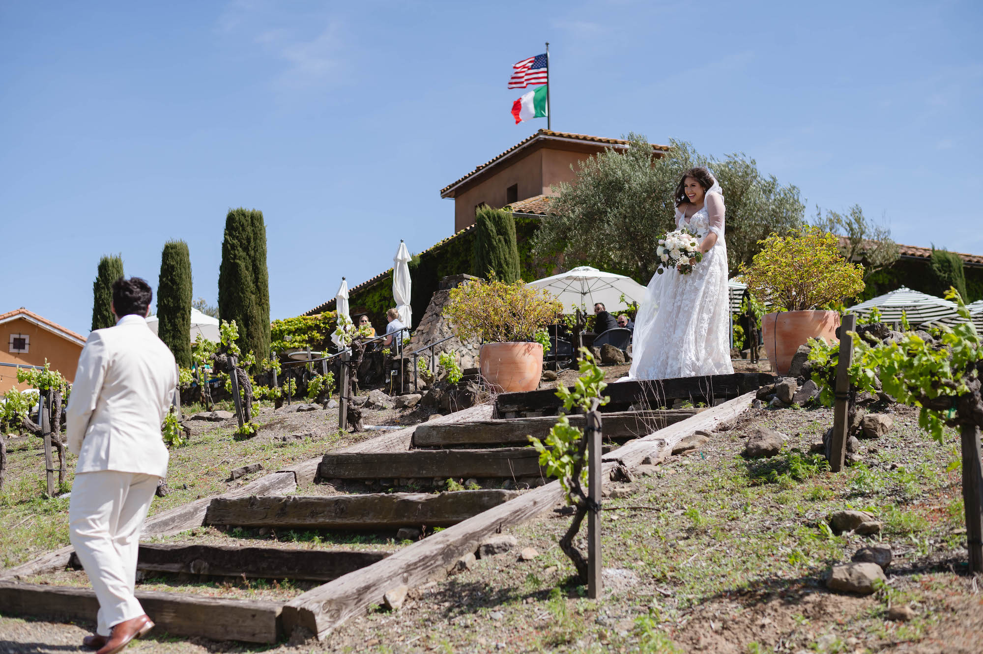 First Look for bride and groom for this Soft Romantic + Minimalistic Wedding at Viansa Winery in Sonoma Jen Vazquez Photography