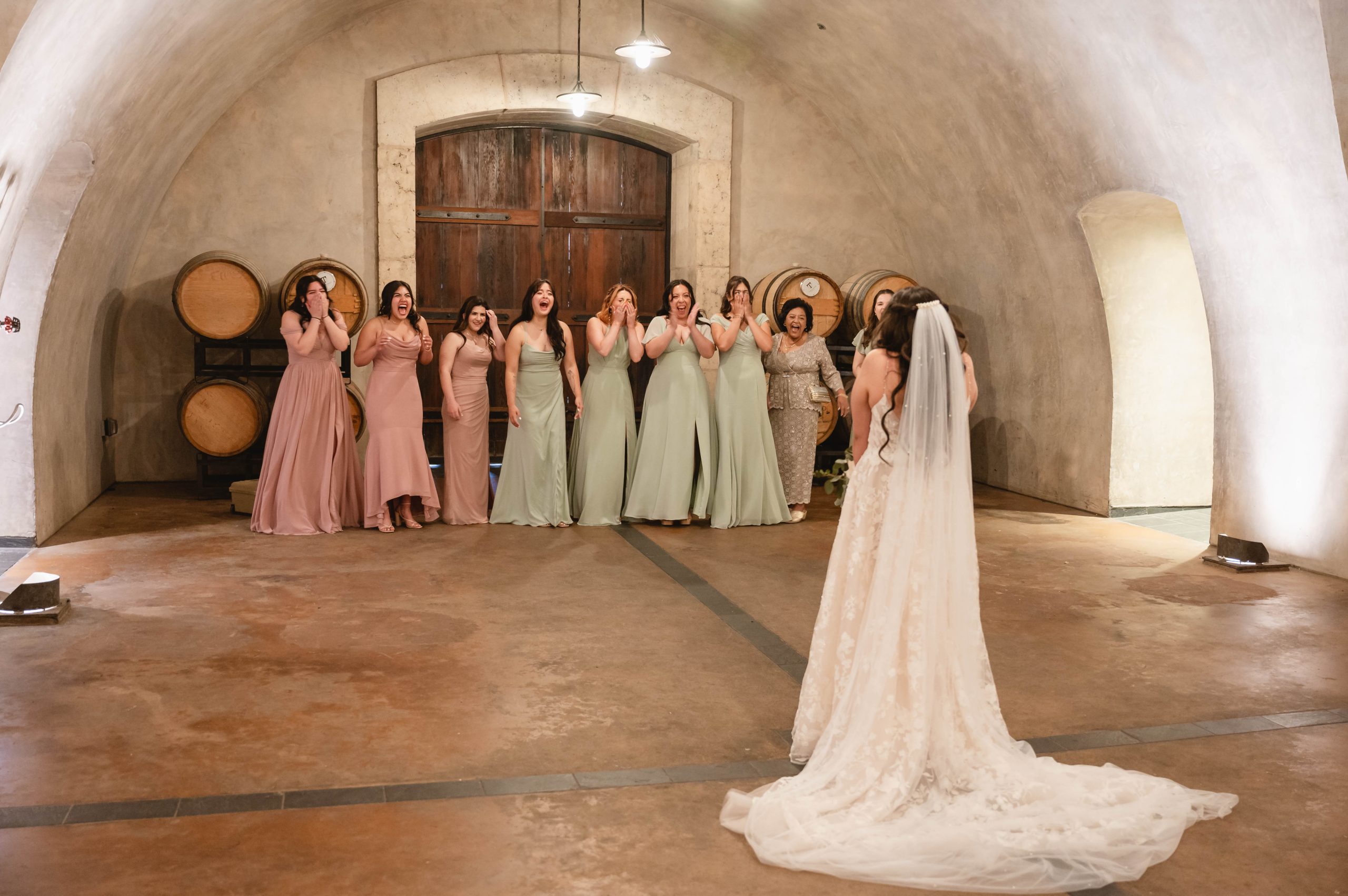 Bridesmaids and Maid of Honor (MOH) awaiting the bride revealing her wedding dress at Viansa Winery in Sonoma in the cellars