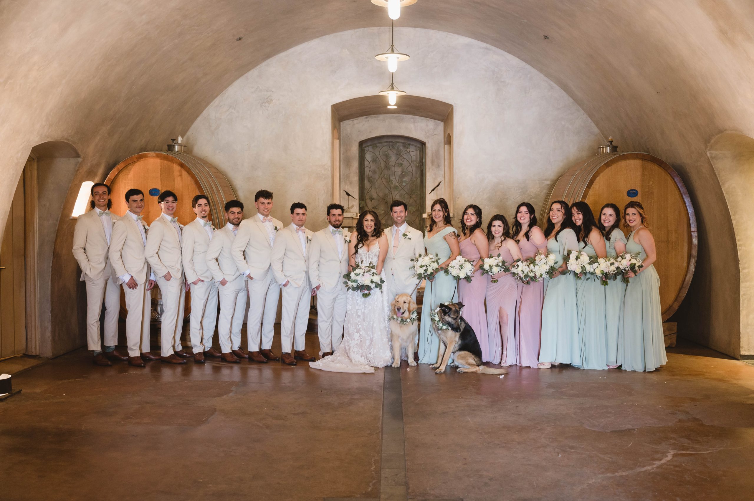 Wedding party in cellar Soft Romantic + Minimalistic Wedding at Viansa Winery in Sonoma Jen Vazquez Photography