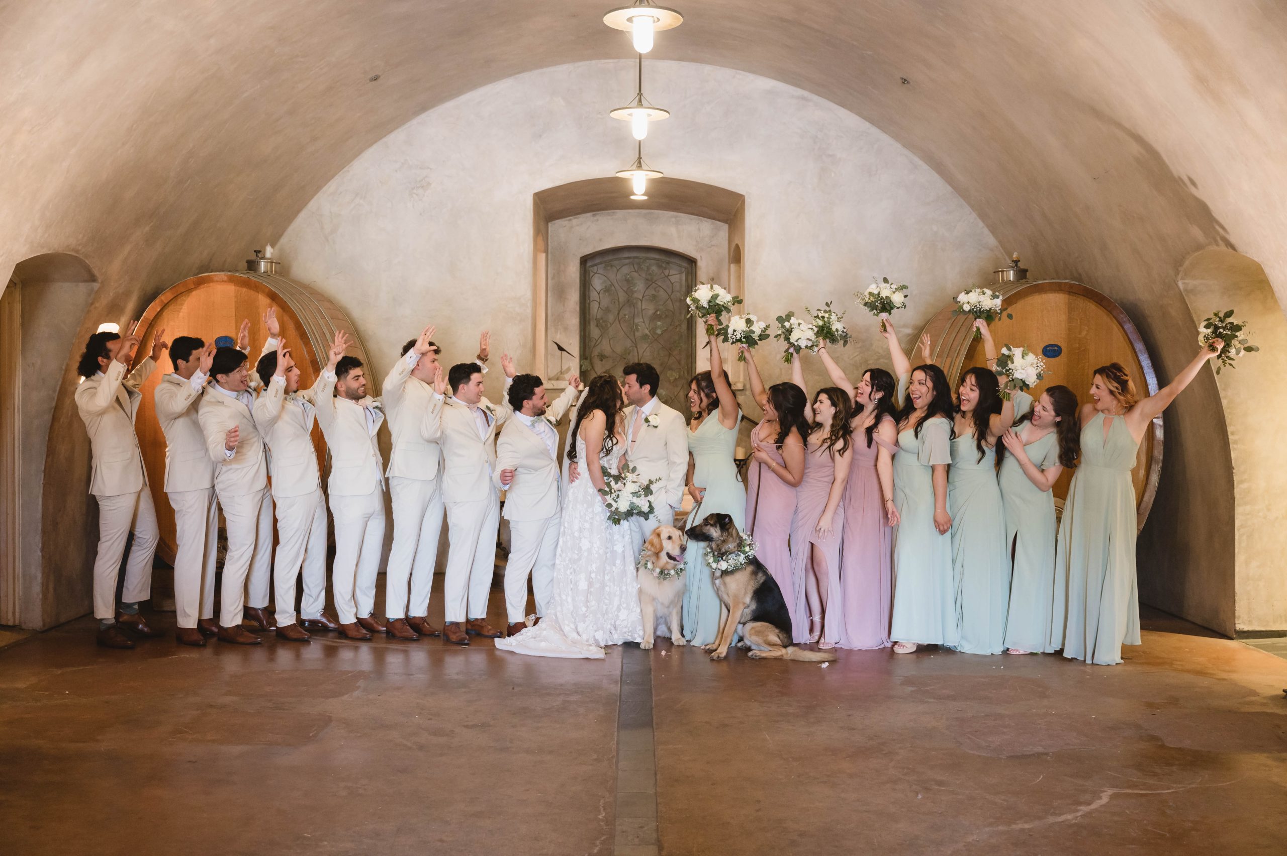 Wedding party in cellar Soft Romantic + Minimalistic Wedding at Viansa Winery in Sonoma Jen Vazquez Photography