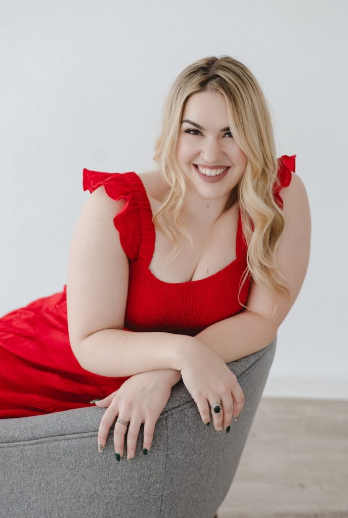 Red Dress in a photography studio. Brand photog of Megan Chandler a Hair Stylist in the Bay Area, California by Jen Vazquez.