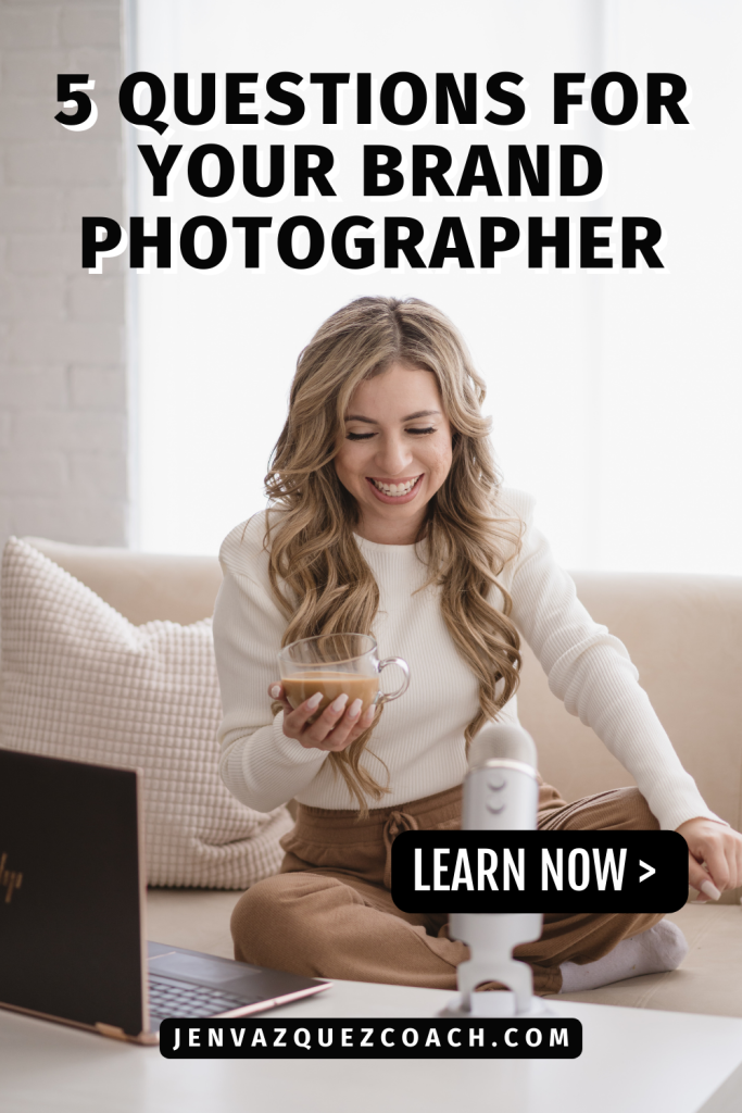 Women sitting with a laptop in a cheam top and khaki pants on a couch with words on the pin Finding The Perfect Photo Partner_ 5 Questions For Your Brand Photographer by Jen Vazquez Media Pins