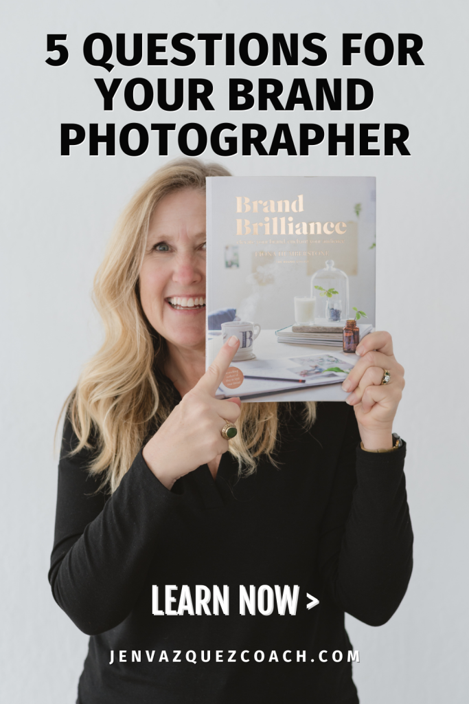 blond women in a black sweater holding a book over her right eye and pointing to the book. Finding The Perfect Photo Partner_ 5 Questions For Your Brand Photographer by Jen Vazquez Media Pins