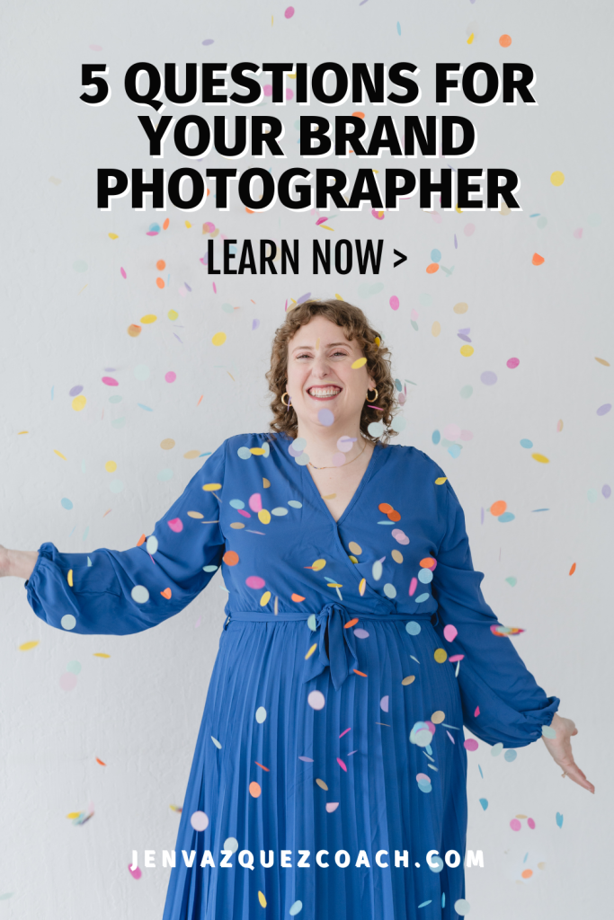 Women in blue dress throwing multicolor confetti with the words Finding The Perfect Photo Partner_ 5 Questions For Your Brand Photographer by Jen Vazquez Media Pins