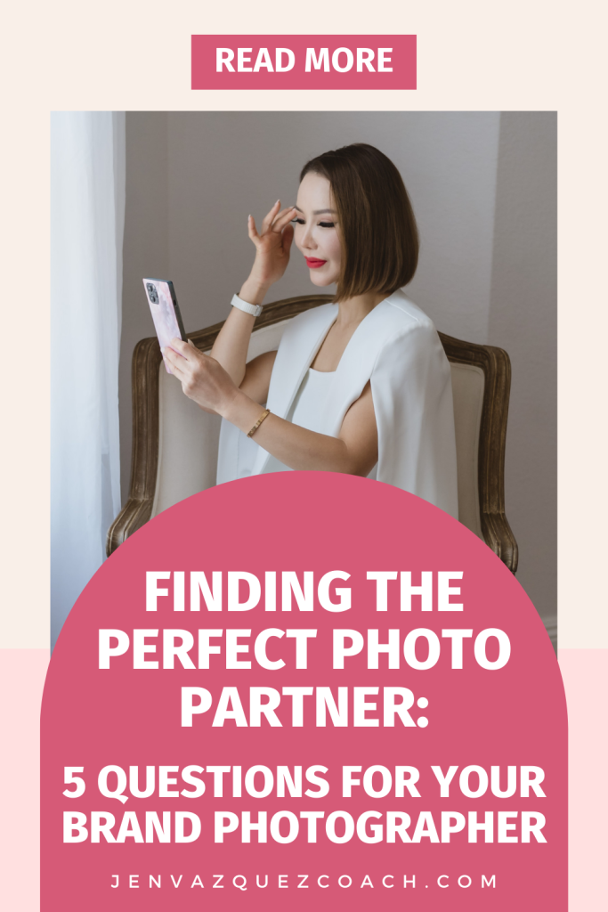 women sitting looking at her phone rubbing a finger over her perfectly manicured eyebrows in a gorgeous white suit with the words Finding The Perfect Photo Partner_ 5 Questions For Your Brand Photographer by Jen Vazquez Media Pins