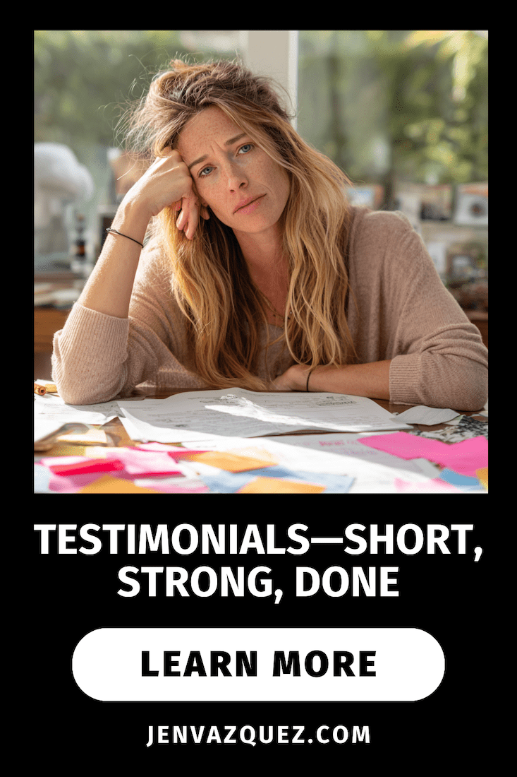 Testimonials—Short, Strong, Done 36 _ Smarter AI, Calmer Marketing_ Real Workflows We’re Using Right Now on Marketing Duo Podcast with Cinthia Pacheco and Jen of Jen Vazquez Media Testimonials—Short, Strong, Done 36 _ Smarter AI, Calmer Marketing_ Real Workflows We’re Using Right Now on Marketing Duo Podcast with Cinthia Pacheco and Jen of Jen Vazquez Media