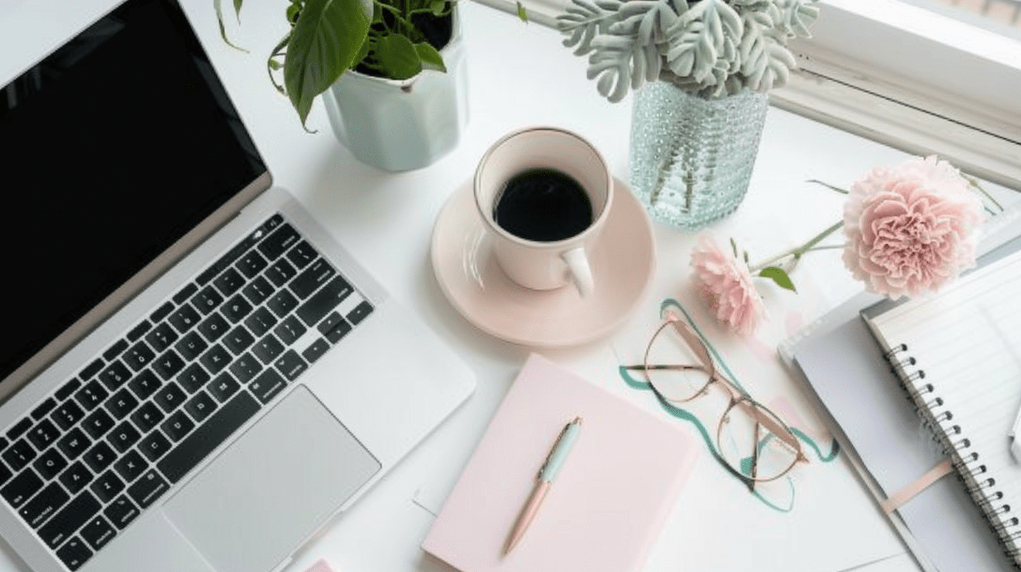 white-desk-with-macbook-pro-and-pink-desk-accessories-jvm-stock-imags Pinterest Presents 2025: What Service Providers Need to Know About the Latest Updates on Marketing Strategy Academy Podcast by Jen Vazquez<br />