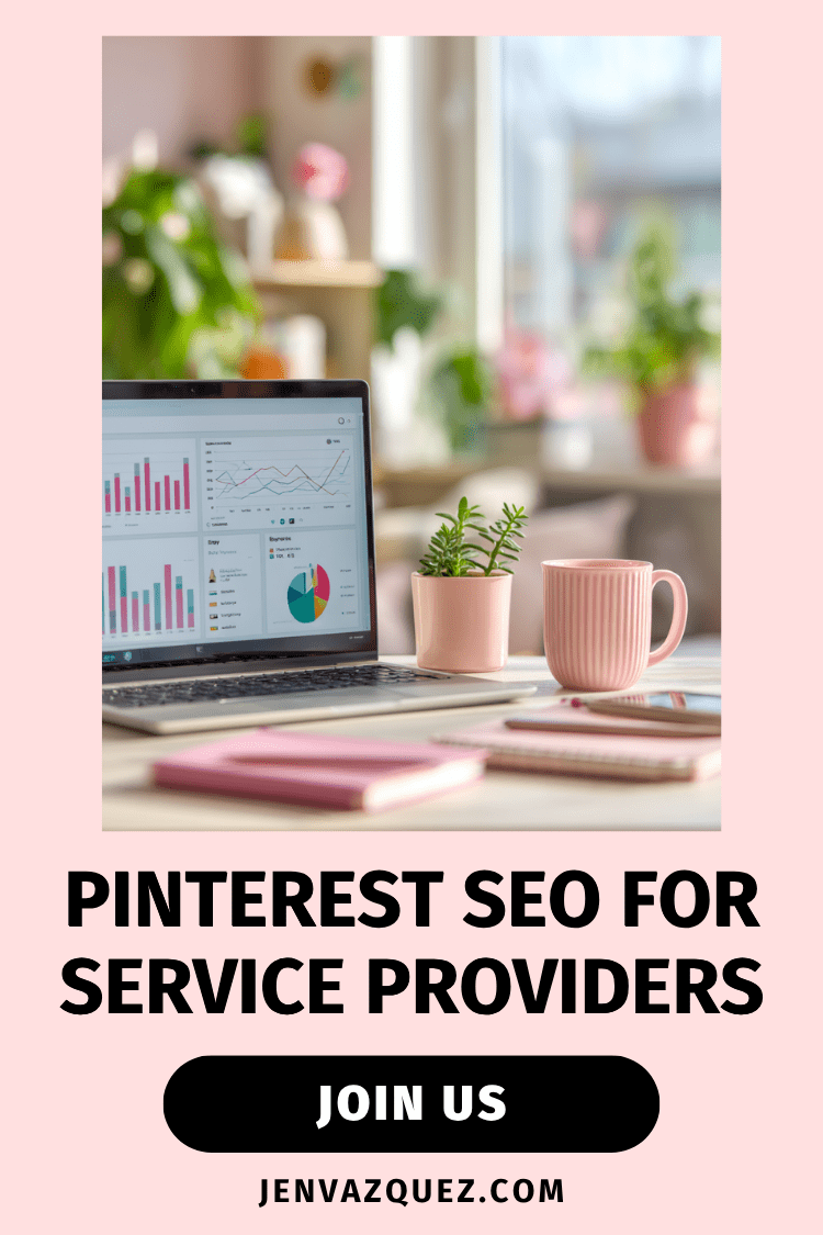 Pinterest SEO for Service Providers Pinterest Marketing in 2026_ What’s Working Now for Time-Strapped Service Providers feminine desk with laptop and analytics on the screen with pink accessories and green plants