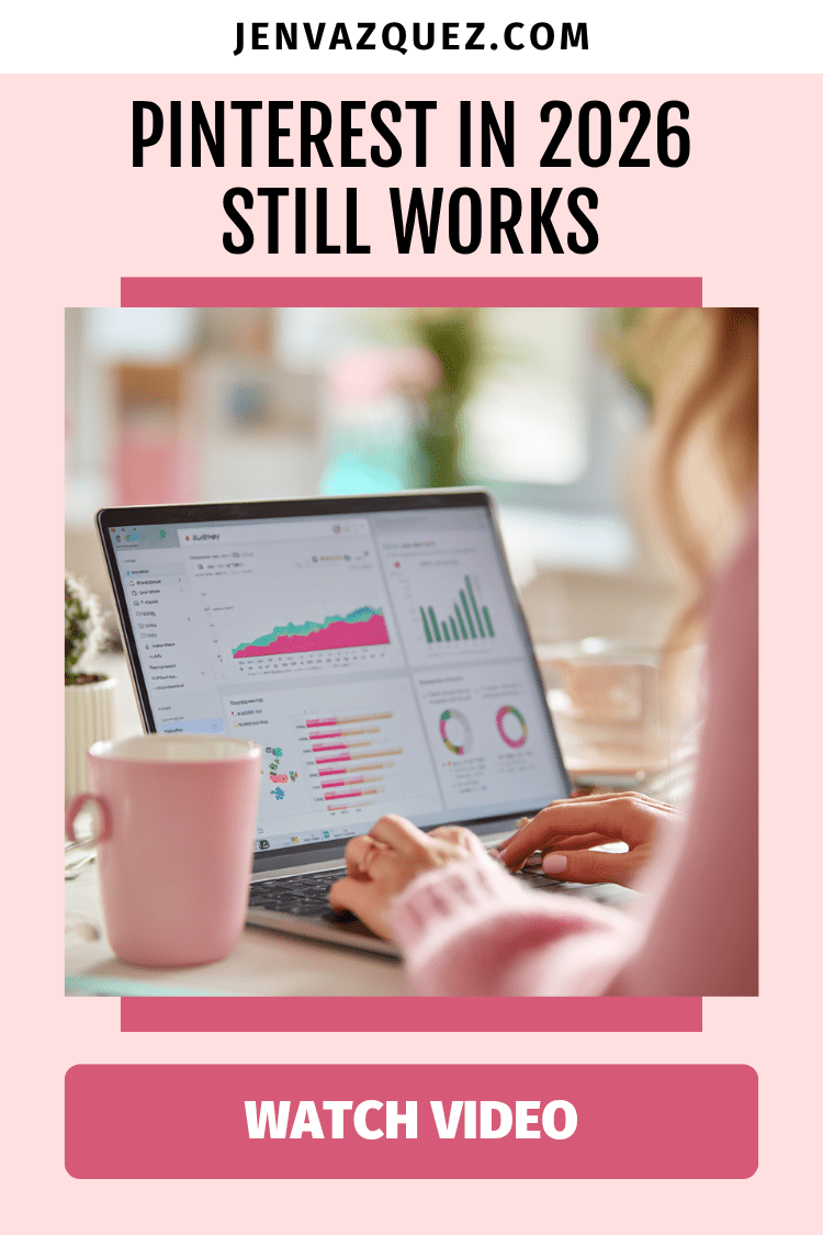 Pinterest in 2026 Still Works Pinterest Marketing in 2026_ What’s Working Now for Time-Strapped Service Providers feminine desk with laptop and analytics on the screen with pink accessories and green plants
