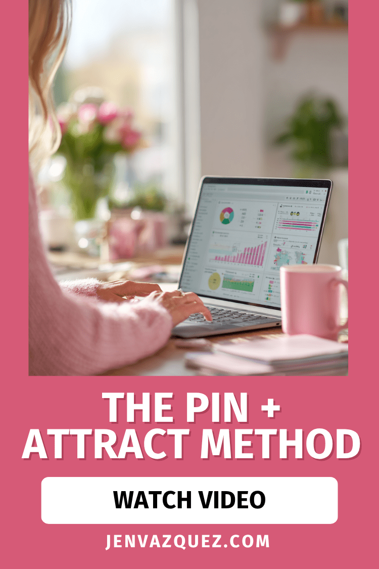 The Pin + Attract Method Pinterest Marketing in 2026_ What’s Working Now for Time-Strapped Service Providers feminine office with laptop with marketing analytics on it, pink accessories and green plants