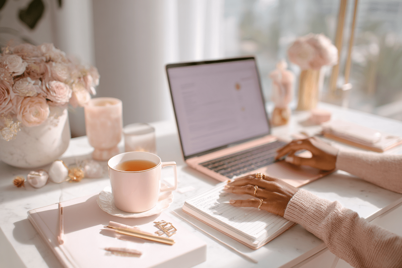 When Business Gets Hard: How to Turn a Client Loss into a Creative Comeback 2 female entrepreneur desk with pinks and beige 4 jvm stock image