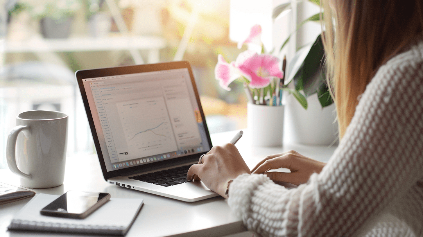 Pinterest Marketing in 2026: What’s Working Now for Time-Strapped Service Providers by Jen Vazquez Media female entreprenur typing on laptop with marketing stats jvm stock image