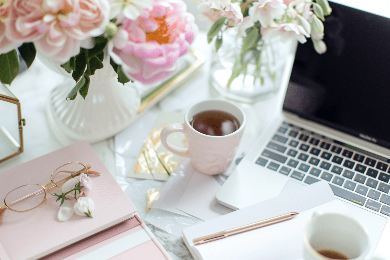 flatlay workspace for female entrepreneur jvm stock photos