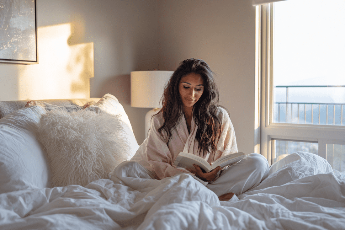 women in bed with white bedding reading a book jvm stock image women in bed with white bedding reading a book jvm stock image