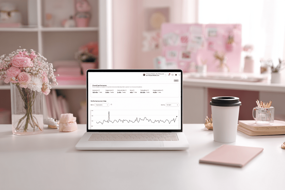 feminine office white desk and pale pink accents (Pinterest Analytics Made Simple: The 3 Metrics That Actually Drive Traffic + Leads)