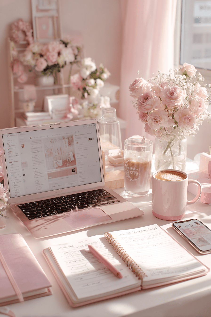pink feminine desk setup with words How to Create a One-Hour-a-Week Pinterest Workflow That Grows Your Business on Autopilot by Jen Vazquez Media