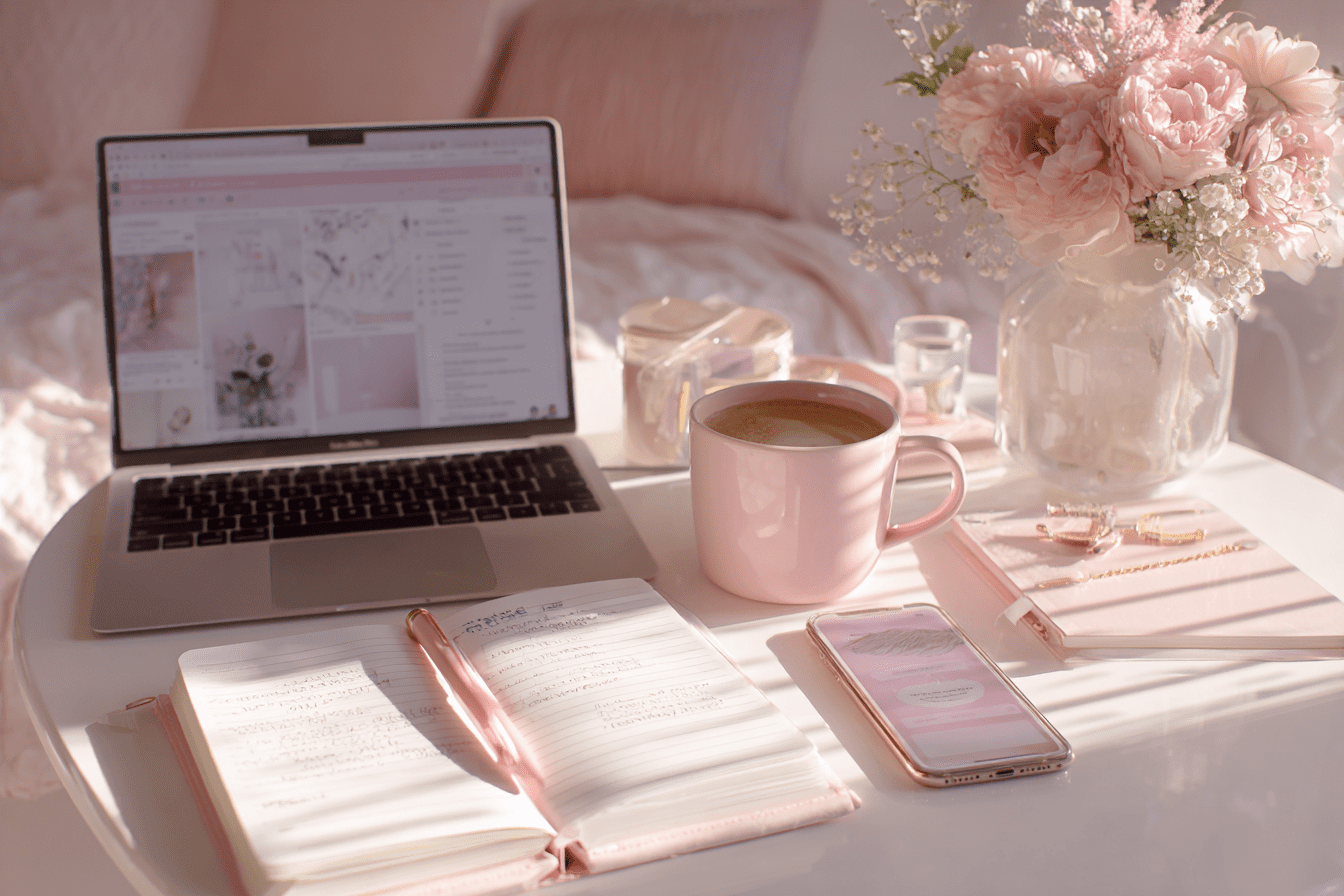 female work from home laptop notebook cell jvm stock image How to Create a One-Hour-a-Week Pinterest Workflow That Grows Your Business on Autopilot