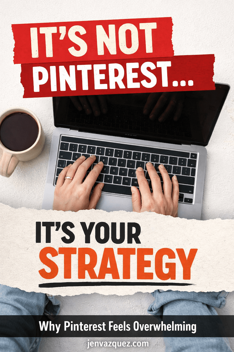 Female business owner at a desk typing on a labtop while thinking about her Pinterest marketing strategy.