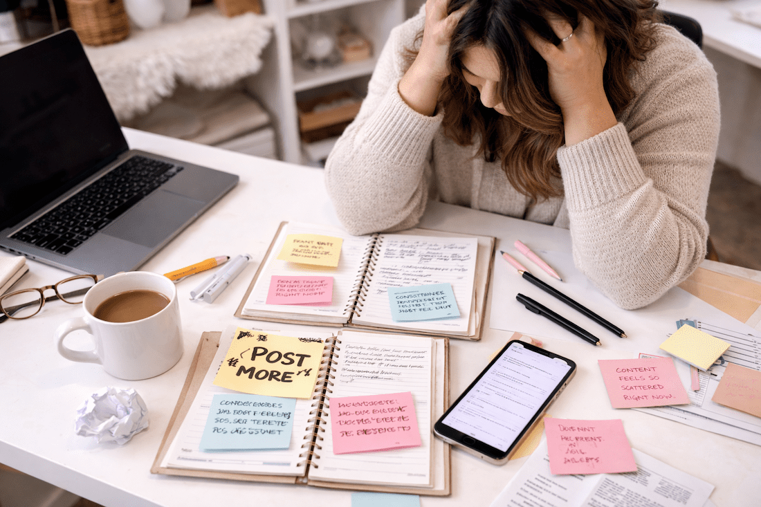 Female service provider sitting at messy desk covered in marketing notes and sticky notes saying “post more,” illustrating content overwhelm and lack of marketing clarity.