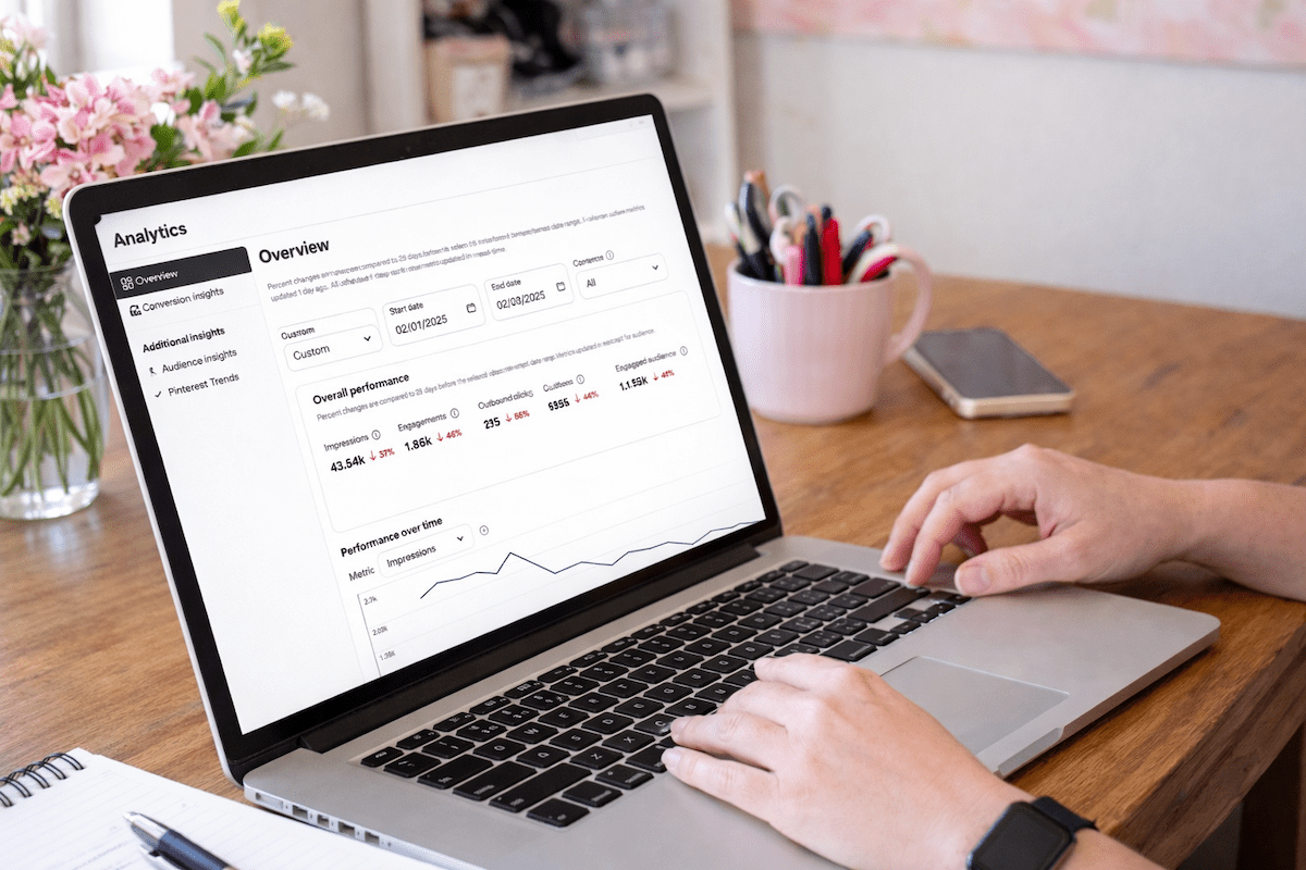 Pinterest analytics on a laptop illustrating long-term Pinterest growth and performance trends