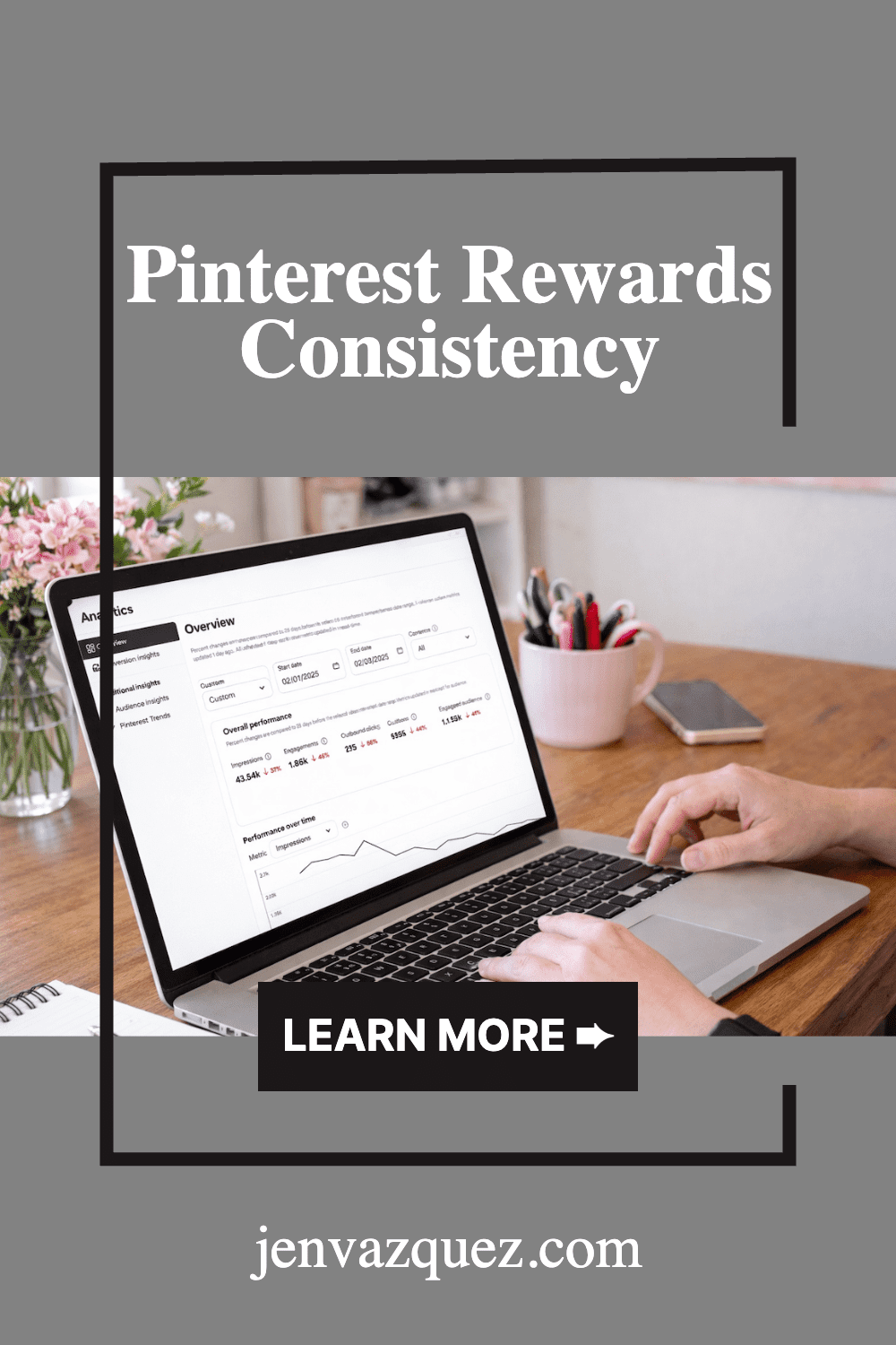 Why Pinterest Feels Slow (And Why That's Actually a Good Sign for Your Business)-pin-2 fingers on a laptop keyboard with pinterest analytics on the screen | Why Pinterest Feels Slow (And Why That's Actually a Good Sign for Your Business) by Jen Vazquez Media