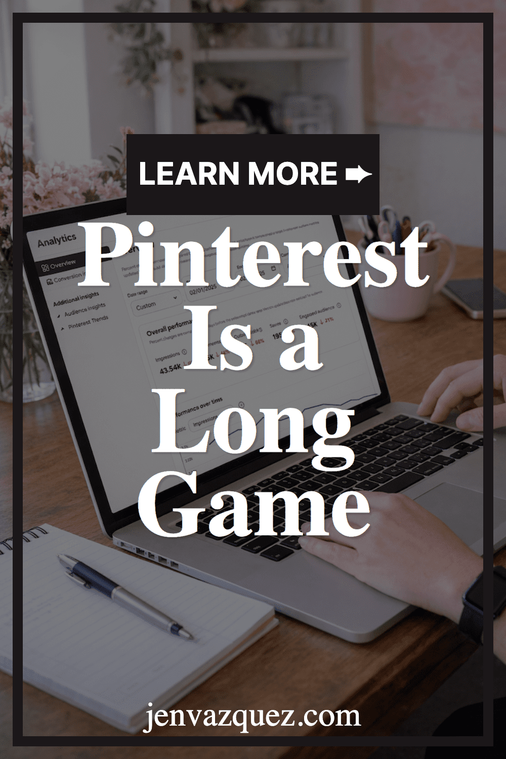 Why Pinterest Feels Slow (And Why That's Actually a Good Sign for Your Business)-pin fingers on a laptop keyboard with pinterest analytics on the screen | Why Pinterest Feels Slow (And Why That's Actually a Good Sign for Your Business) by Jen Vazquez Media