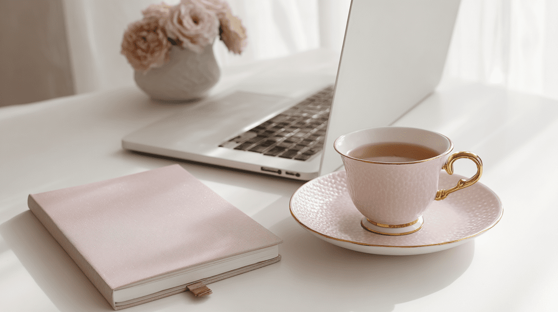 teacup, laptop, planner, flowers on white desk (pale pink and peach) talking about The Simple Marketing Workflow Every Service Provider Needs to Stop Starting Over with Jen Vazquez