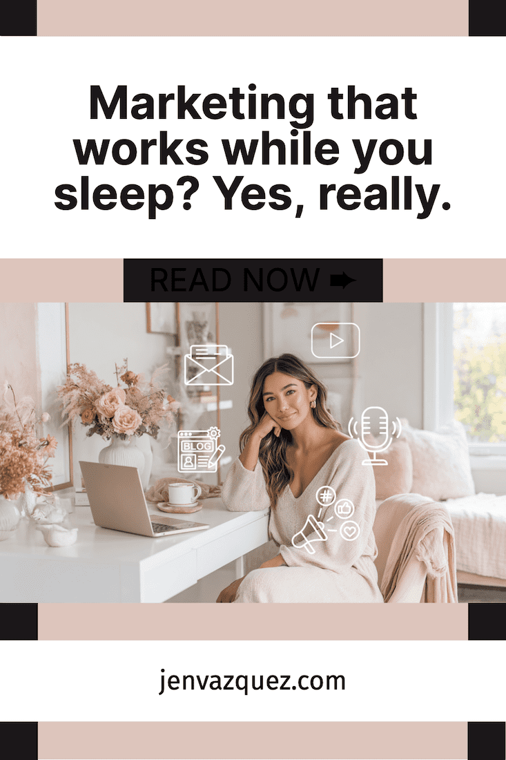 women in feminine home office with marketing icons around her - talking about everygree marketing systems