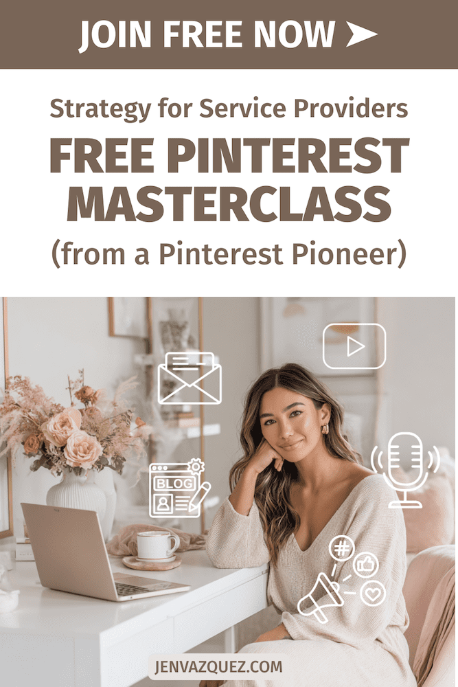 women sitting at a white desk in a feminine home office with marketing icons around her. Sharing What an Evergreen Marketing System Actually Looks Like for Service Providers by Jen Vazquez Media