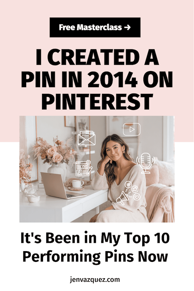 women sitting at a white desk in a feminine home office with marketing icons around her. Sharing What an Evergreen Marketing System Actually Looks Like for Service Providers by Jen Vazquez Media