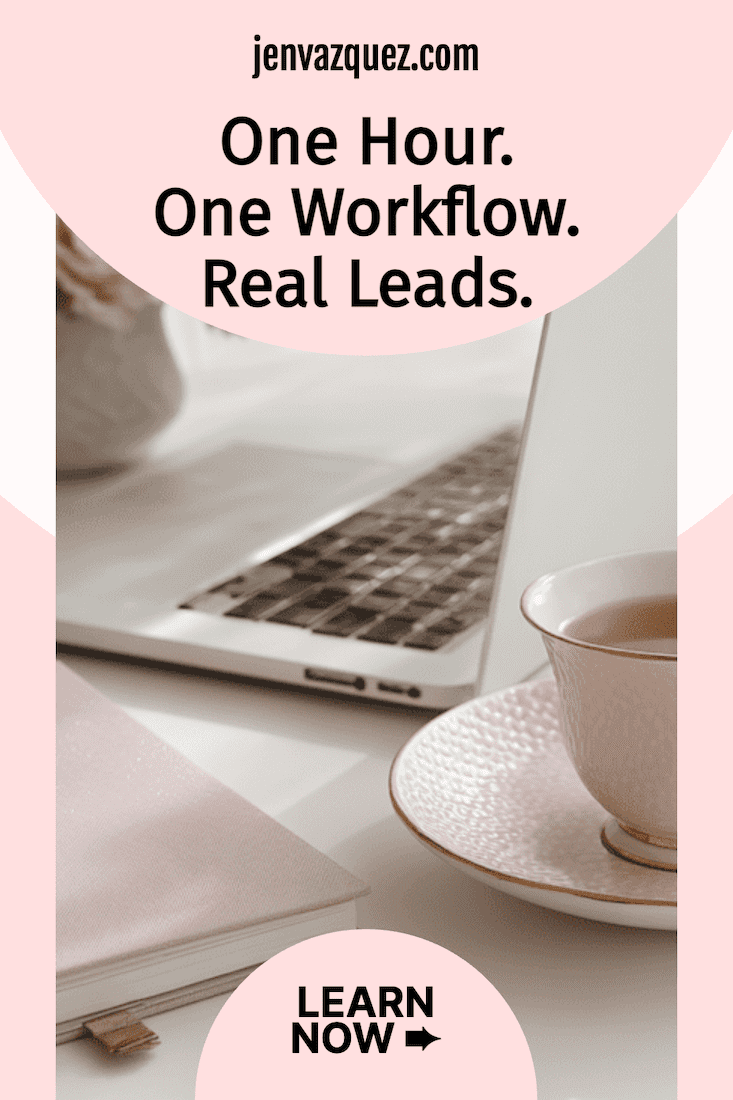 feminine desk in home office with laptop and antique teacup + simple marketing workflow for service providers pin