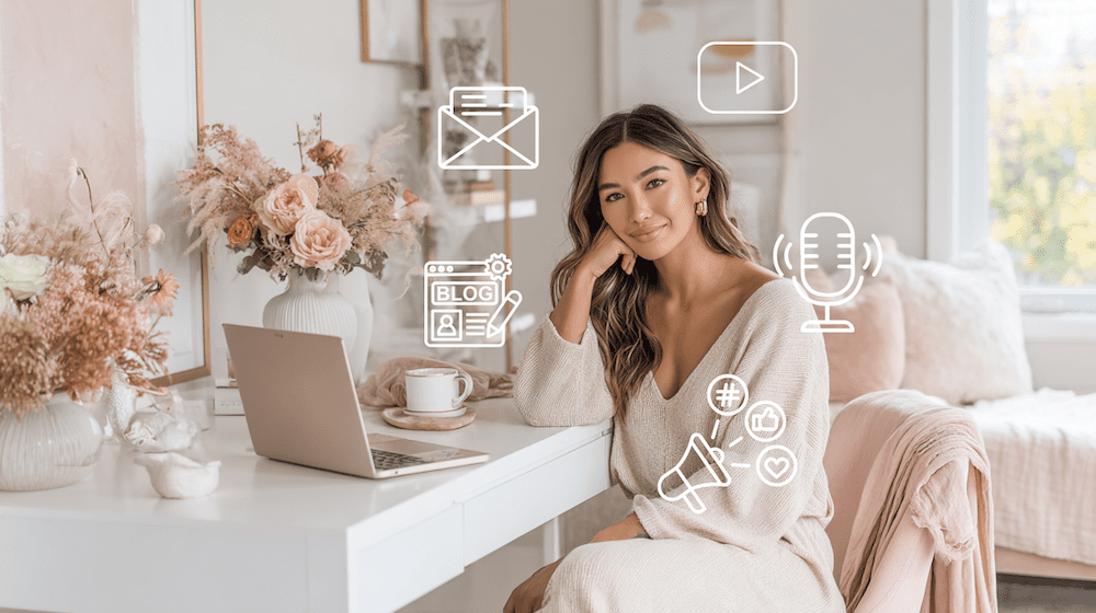 women in cream sweater sitting a white desk in a feminine home office - we're talking about What an Evergreen Marketing System Actually Looks Like for Service Providers by Jen Vazquez Media