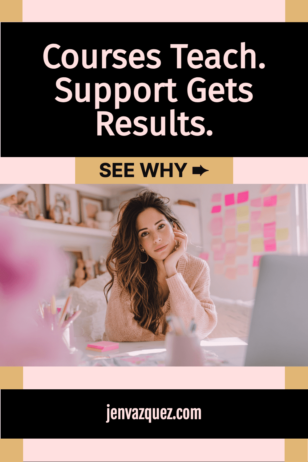 women sitting at desk in feminine home office we're talking about Why Pinterest Courses Don't Work for Service-Based Business Owners