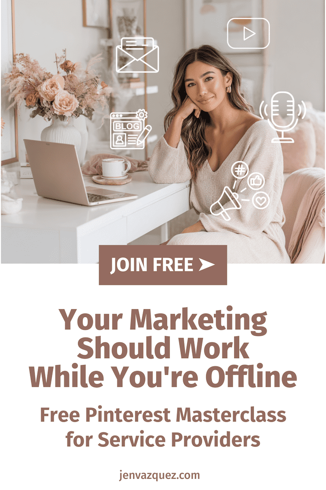 women sitting at a white desk in a feminine home office with marketing icons around her. Sharing What an Evergreen Marketing System Actually Looks Like for Service Providers by Jen Vazquez Media