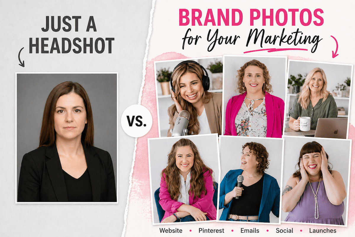 boring headshot and multiple fun headshots talking about headshots vs brand photography