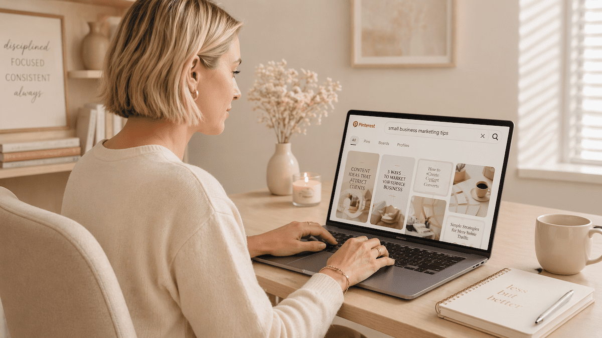 beige feminine office with pinterest on laptop by JVM Stock