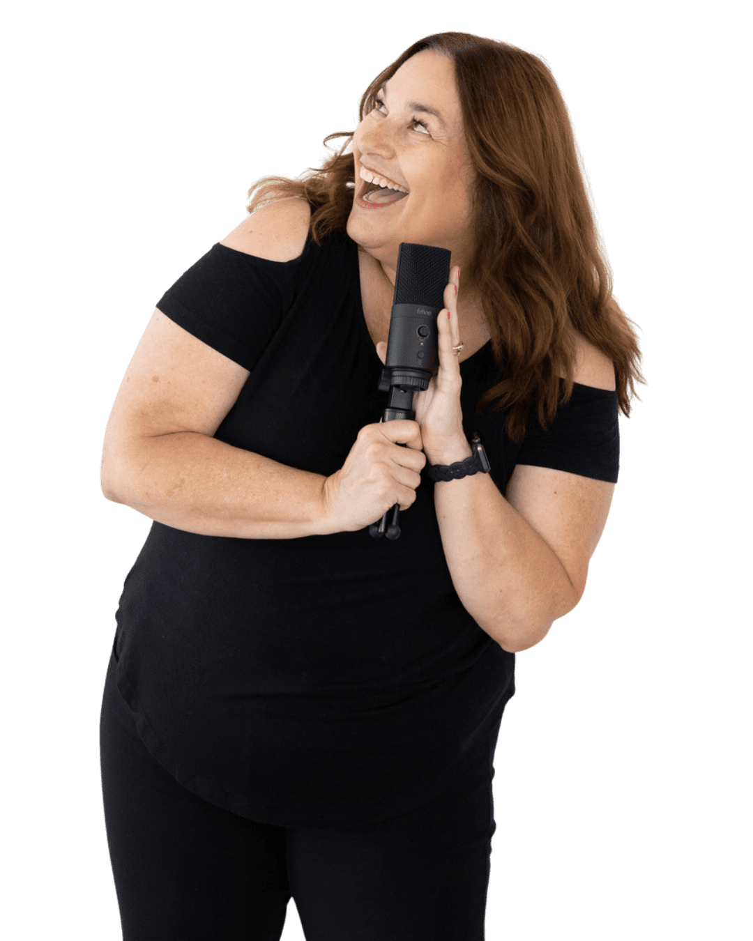Jen Vazquez holding a microphone, laughing