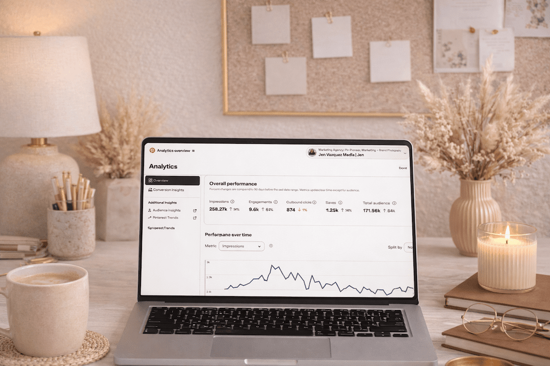 beige feminine office with Pinterest Analytics on the laptop