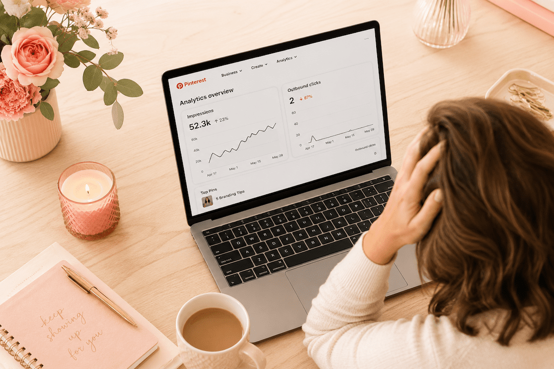 photo of laptop and pinterest analytics on the screen with 0 outbound clicks for a blog: You're pinning consistently but getting zero website clicks? Here are the 5 most common Pinterest problems every service provider faces and exactly how to fix them.