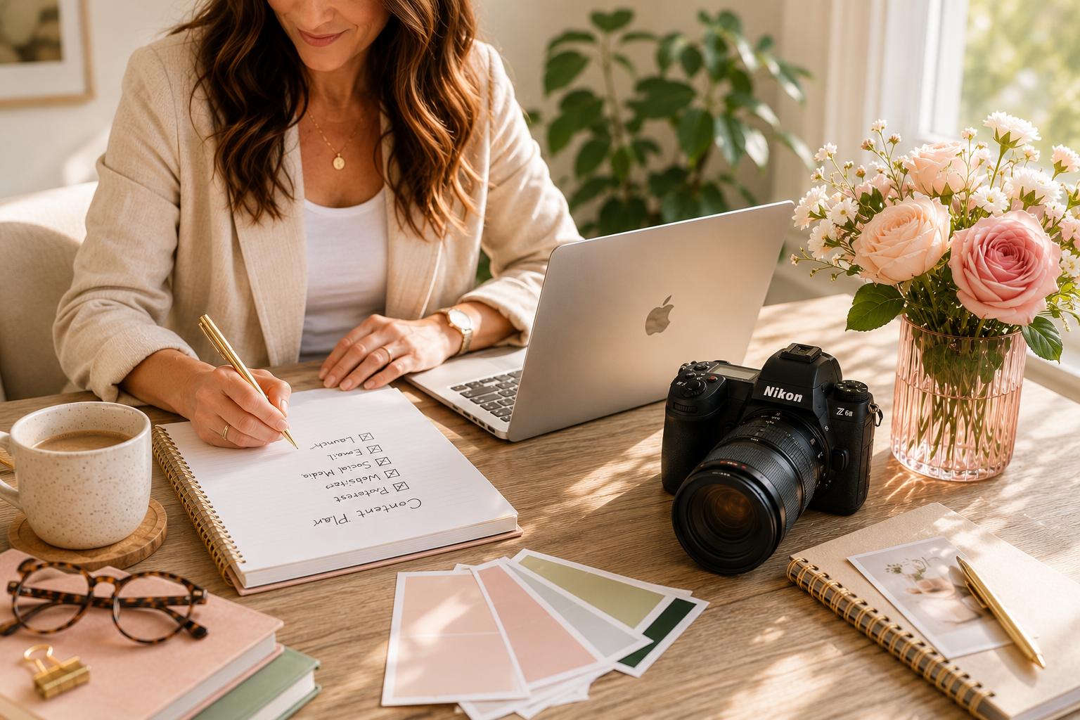 photographer sitting at a desk with a camera Why You're Always Scrambling for Content The Brand Photography Planning Problem pin jvm stock photo