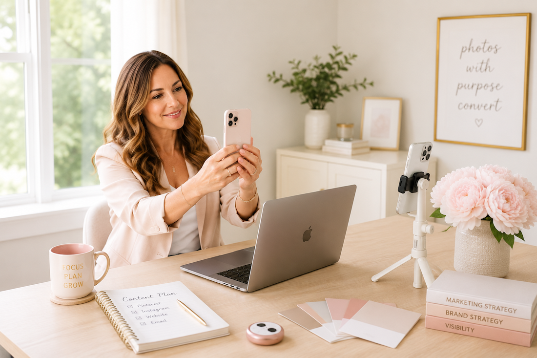 women holding her cell phone and her other cell phone is on a stand taking brand photos for her business marketing by Jen Vazquez Media