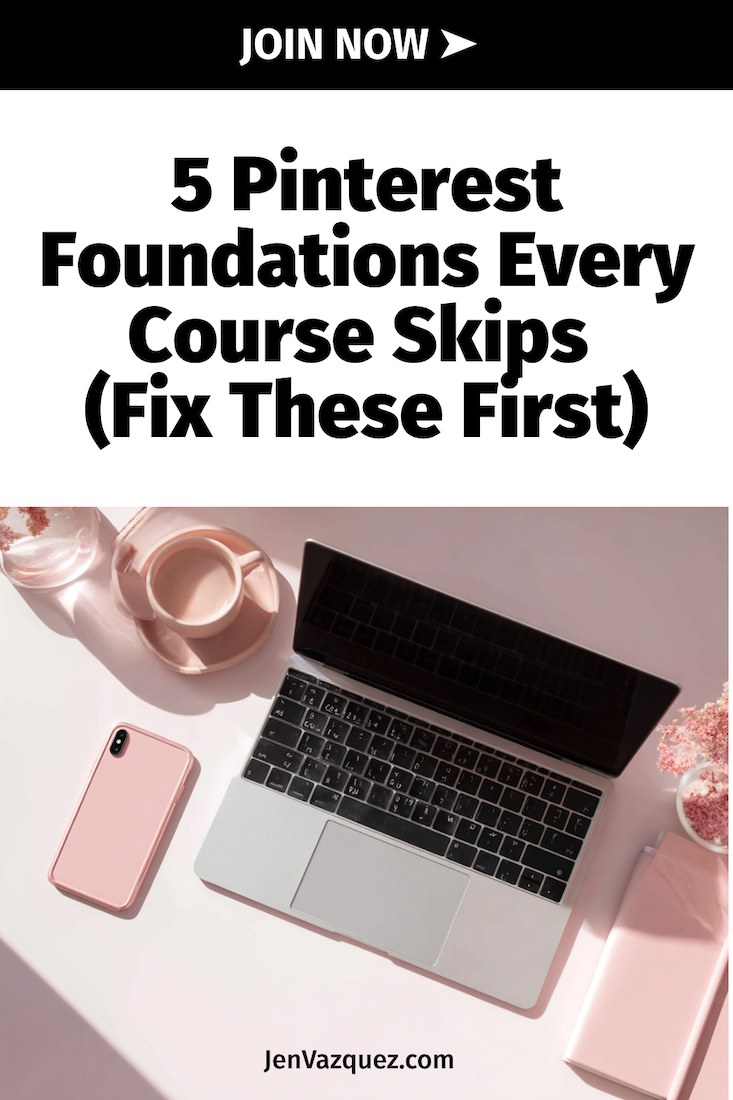 Laptop on pink background and were talking about Pinterest foundations by Jen Vazquez