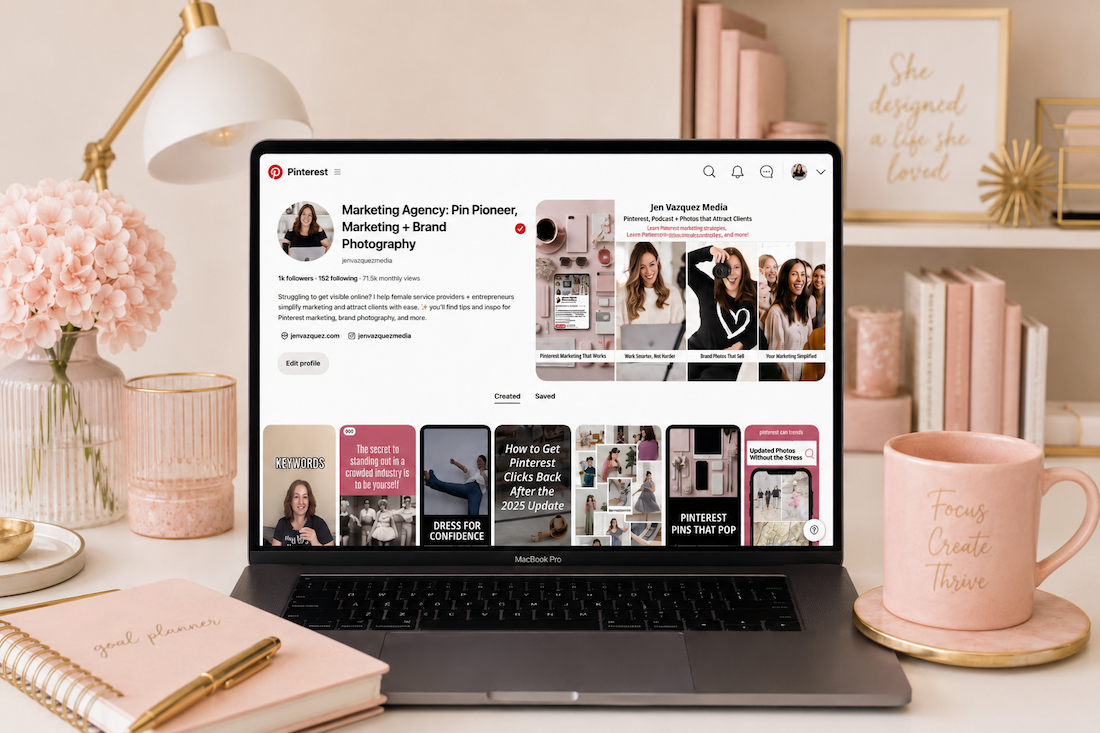 macbook pro laptop with Pinterest on the screen were talking about 5 Pinterest Foundations Every Course Skips — Fix These First by Jen Vazquez Media