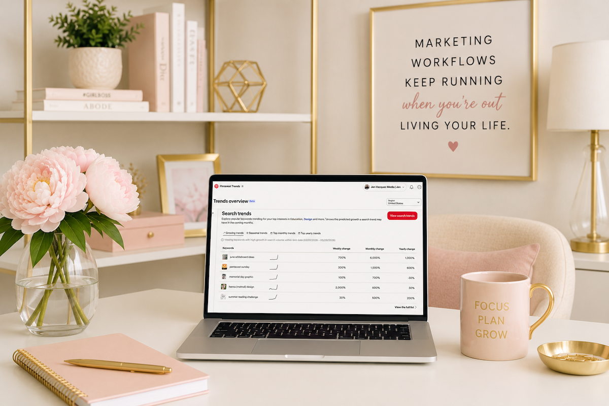 feminine home office with a macbook pro and Pinterest Trends on the screen. We're talking about my Pinterest workflow
