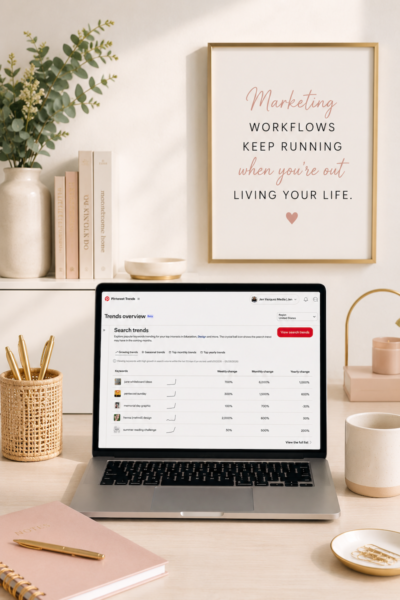 feminine home office with a macbook pro and Pinterest Trends on the screen. We're talking about my Pinterest workflow
