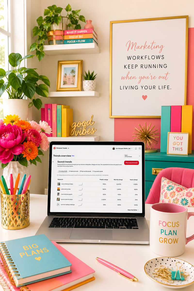 colorful feminine home office with a macbook pro and Pinterest Trends on the screen. We're talking about my Pinterest workflow