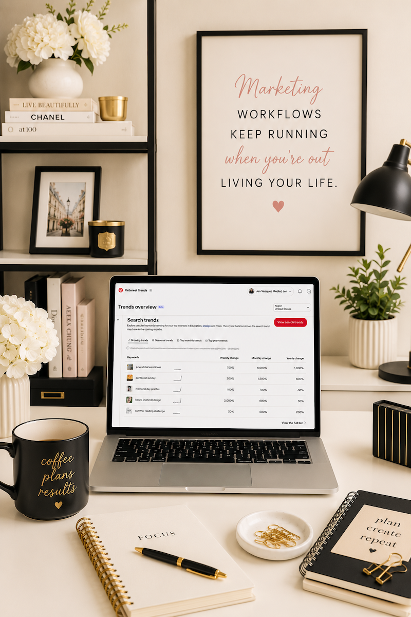 black and white feminine home office with a macbook pro and Pinterest Trends on the screen. We're talking about my Pinterest workflow