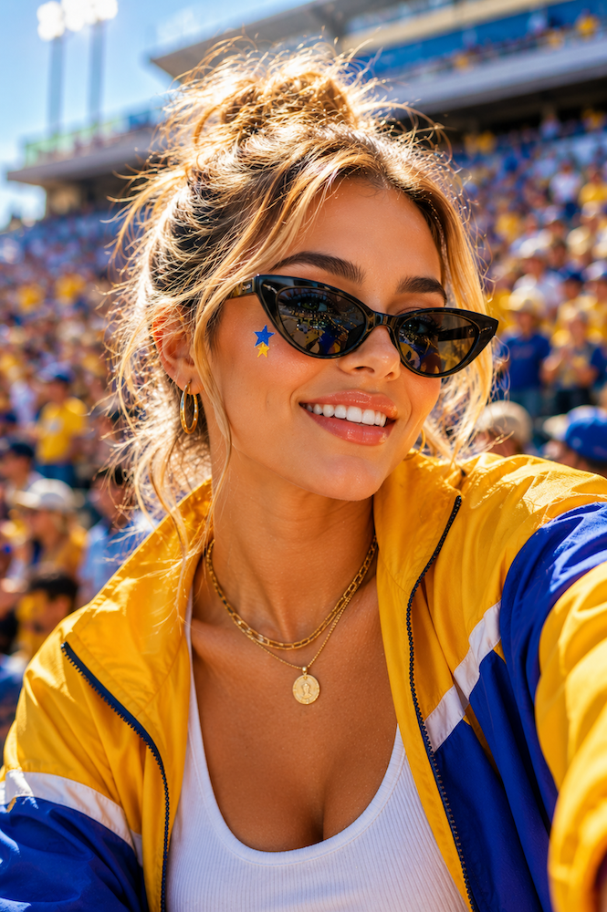 woman at a game wearing cat eye frame glasses talking about Pinterest Summer 2026 Trend Report: What Service Providers Need to Know by Jen Vazquez Media